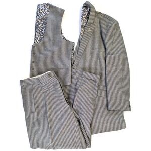 EJ Samuel Italy Mens 3 Piece Suit Grey Pinstripe Linen Cotton Blazer Vest Pants